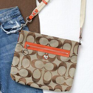 Coach Brown Signature Crossbody Shoulder Messenger Bag Orange Red Trim F14869